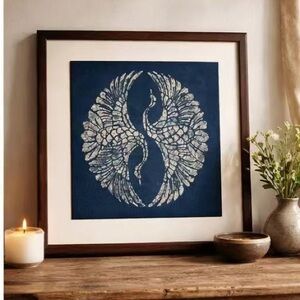 Indigo Batik Crane Wall Art 8.5x8.5 Framed Textile Tai Chi Yin Yang Decor
